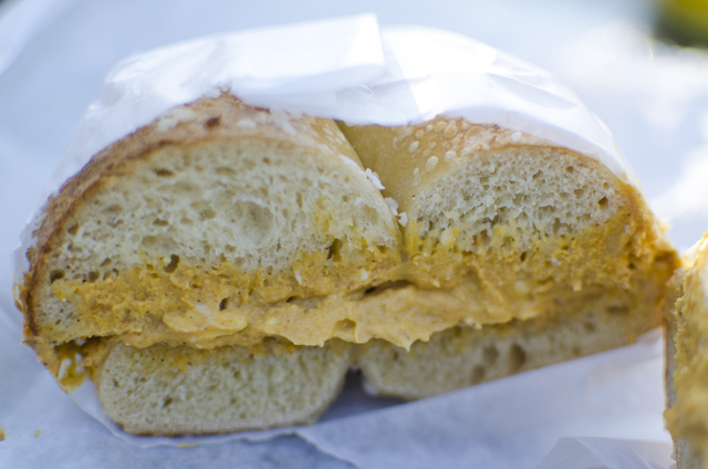 Salt bagel with pumpkin cream cheese from Bricktown Bagel or Elite Bagel